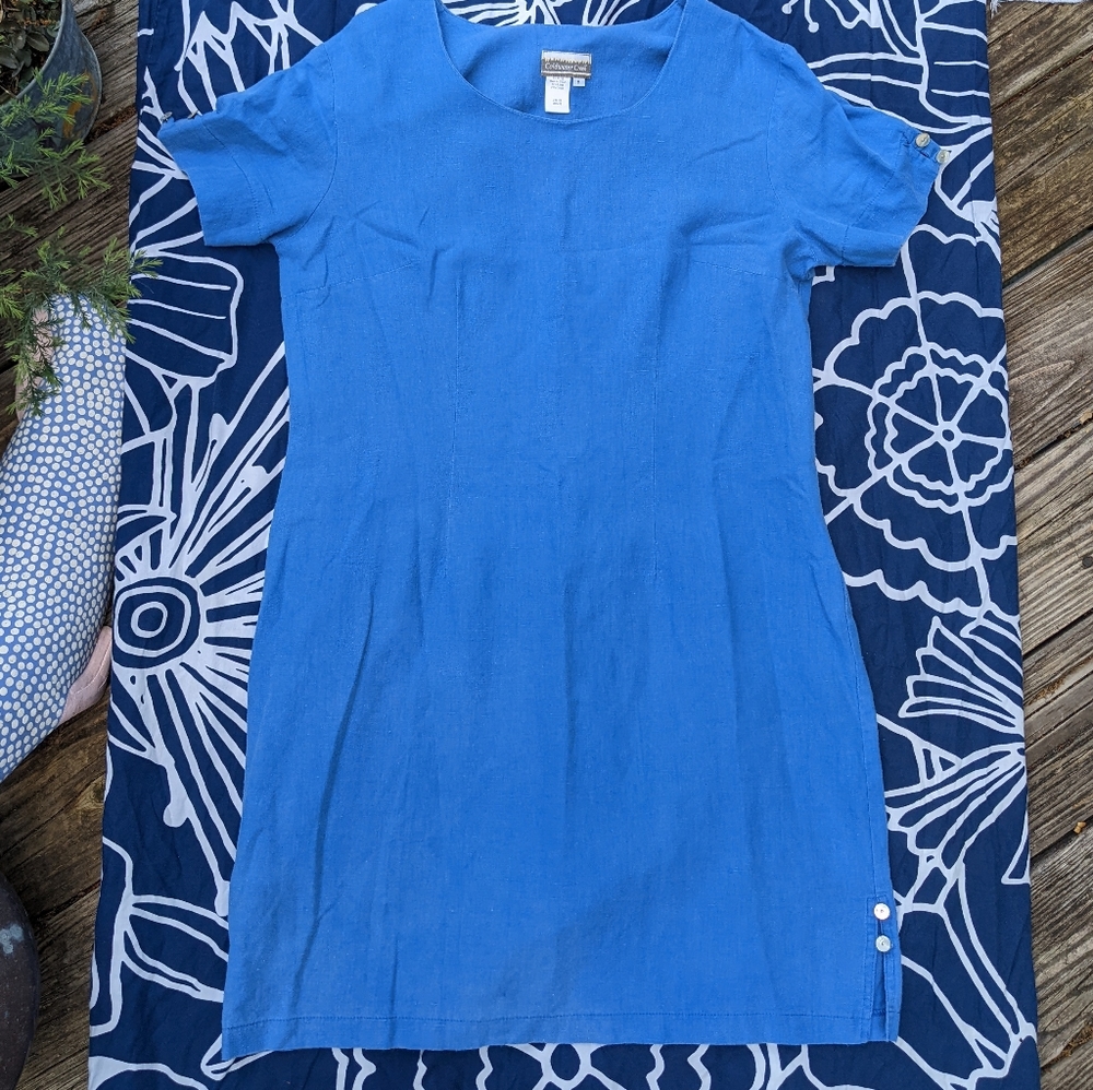 Vintage Coldwater Creek Blue Linen Dress, Size Medium, Abalone Shell Buttons
